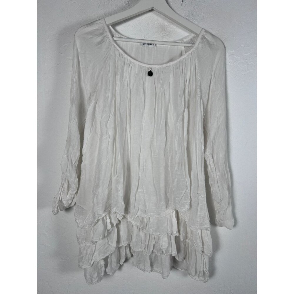 Nina Kendosa Womens White Crinkle Layered Ruffle Hem Tunic Top 3/4 Sleeve Casual
